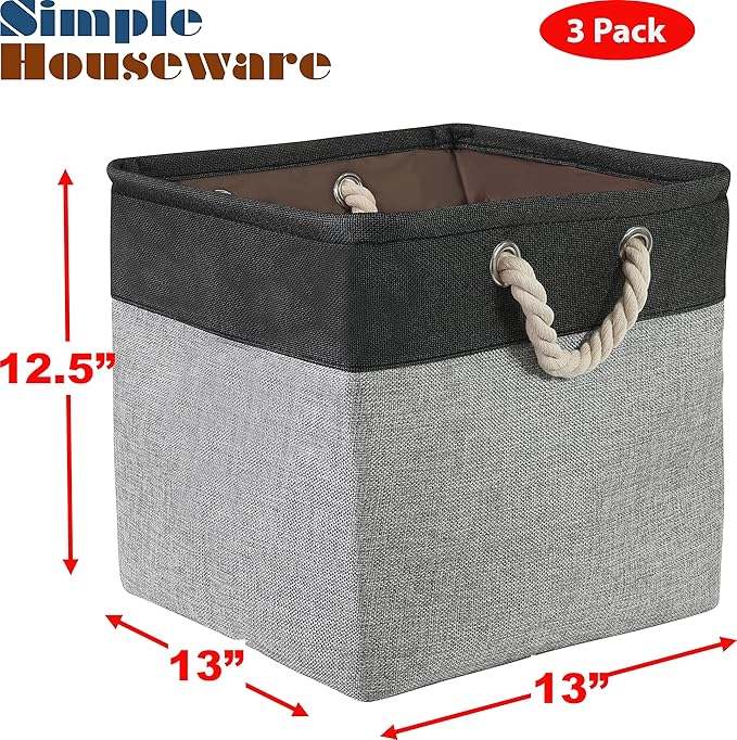 Simple Houseware 3 Pack Grey 33x33cm Fabric Storage Basket Bin Cotton Handle NEW