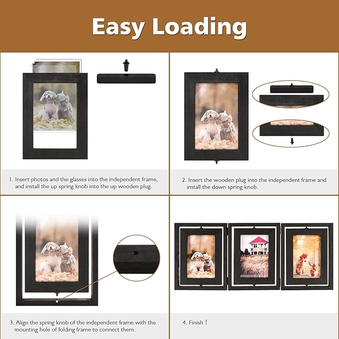 Rustic Vintage Black Wooden Picture 3 Photo Picture Hinged Frames 4x6 NEW