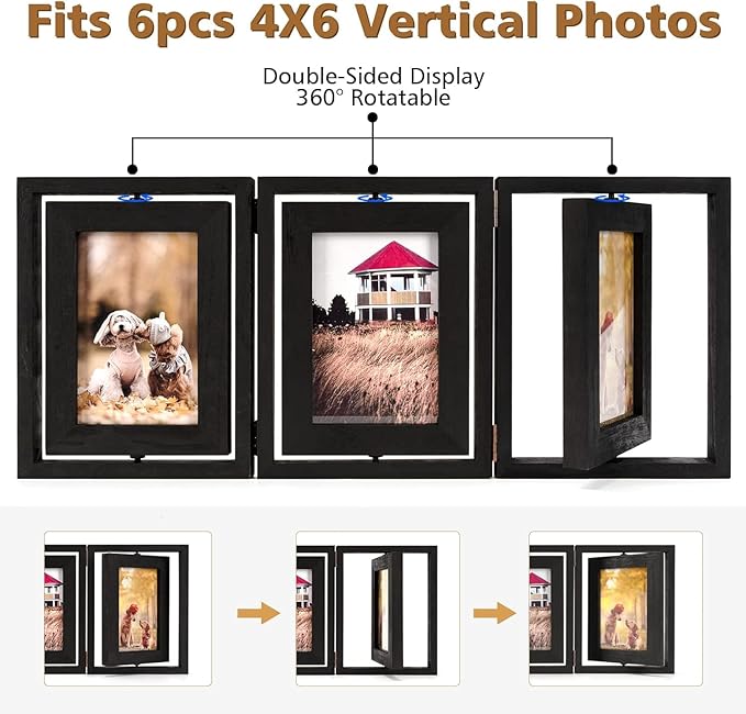 Rustic Vintage Black Wooden Picture 3 Photo Picture Hinged Frames 4x6 NEW