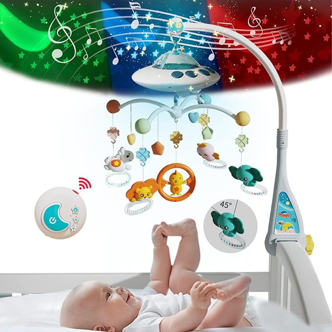 Baby Musical Crib Blue Spaceship Dreamful Hanging Mobile with Night Light NEW