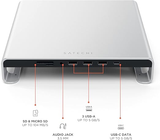 Satechi Aluminum Monitor Stand USBC C TYPE A 4 Port Hub for iMac in Silver NEW