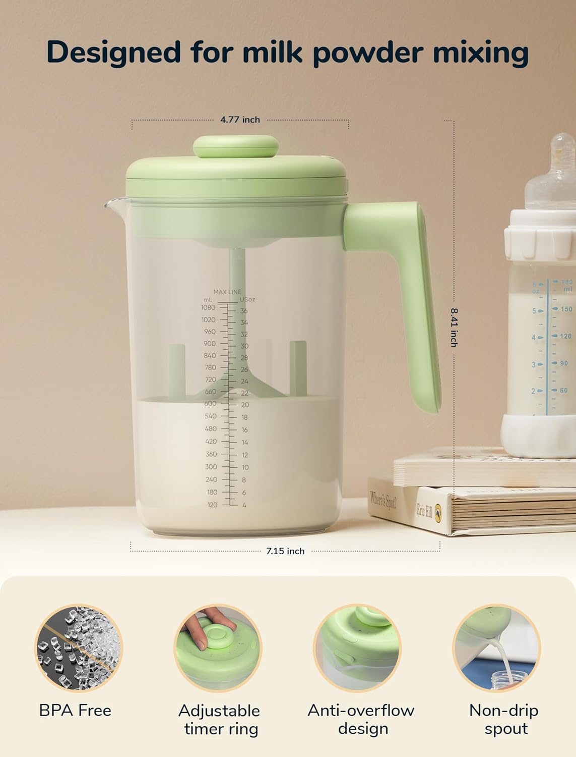NehNehBaby Chargeable Electric BPA Free Baby Formula Mixing Pitcher in Green NEW