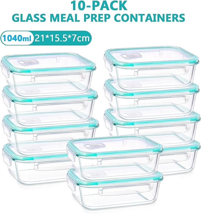 Feshory 10 Pack 1040ml Airtight Clear Glass Food Storage Containers NEW