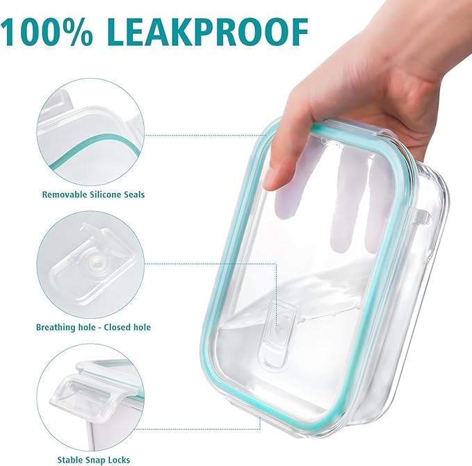 Feshory 10 Pack 1040ml Airtight Clear Glass Food Storage Containers NEW