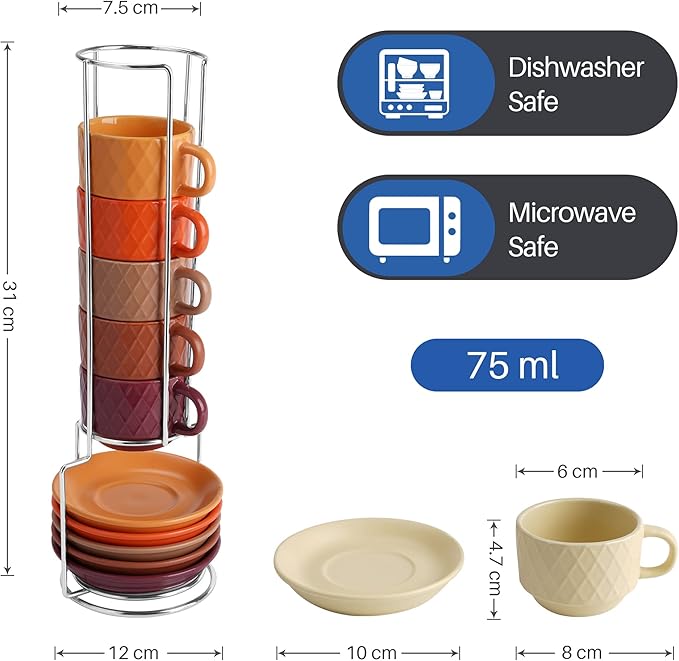 Miamio 6 Piece 75ml Palmanova Stoneware Espresso Mugs in Magma Red NEW