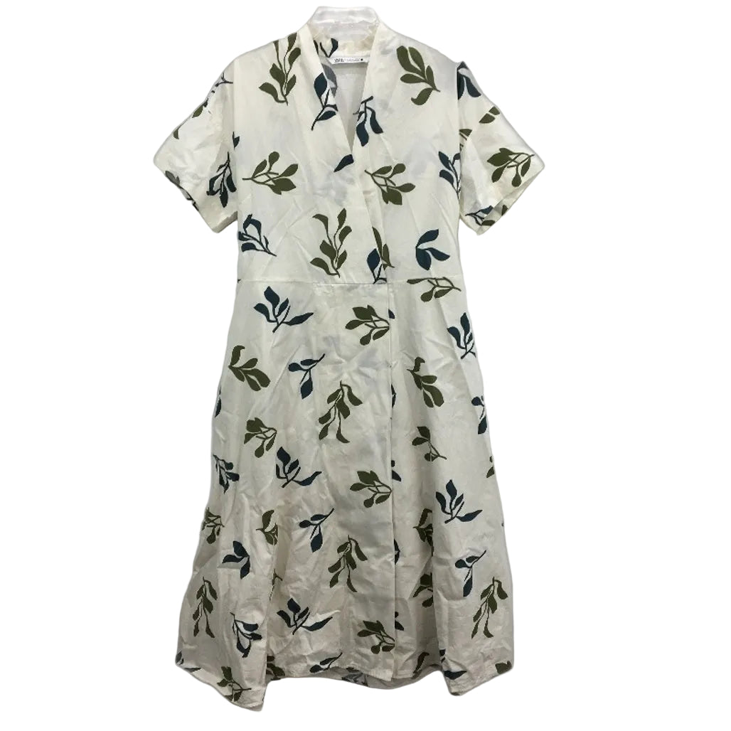 Zara 100% Cotton Cream With Green Leaf Short Sleeve Dress Ladies Size M NEW