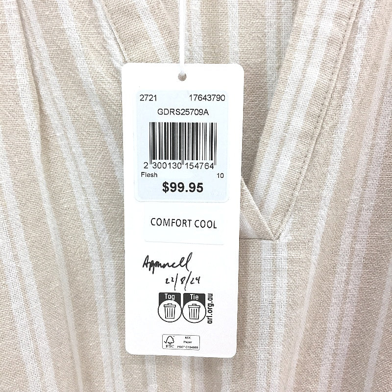 Grab Denim Beige Stripe Comfort Cool Euro Linen Blend Dress Ladies Size 10 NEW