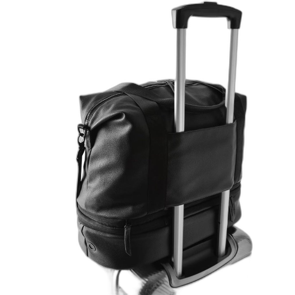 Weekender Tote Black Leather Look Expandable Travel Bag W/ Shoe Compartment NEW