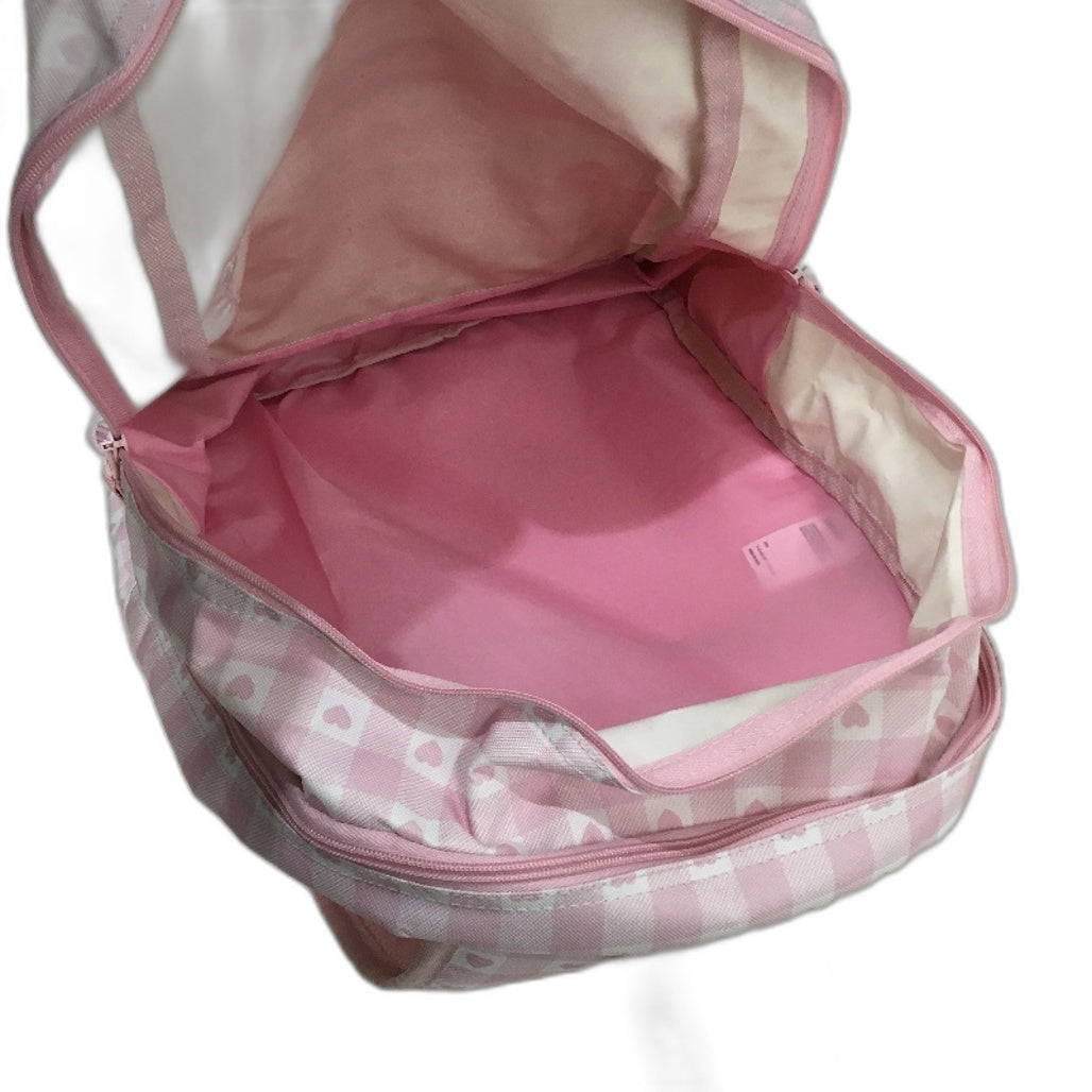 Multifunctional Pink Check Heart Printed Front Zipped Pocket School Backpack NEW