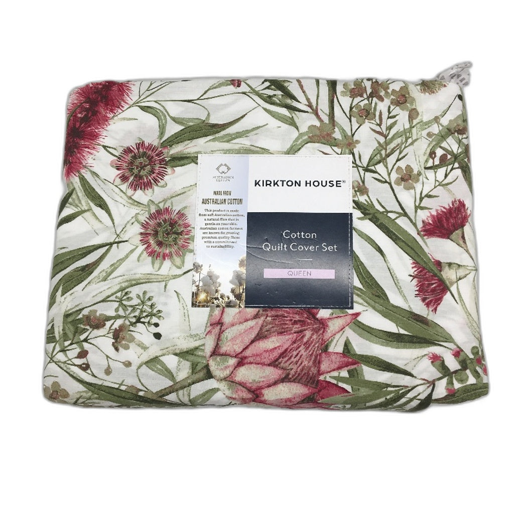 Kirkton House Australian Cotton Banksia Print Quilt Cover Set QUEEN Bed NEW