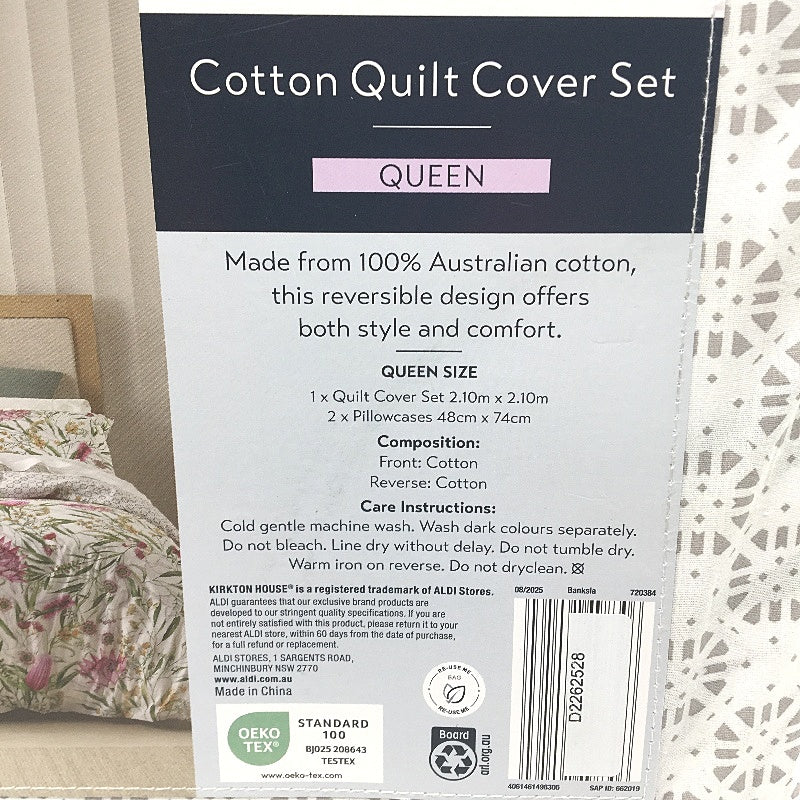 Kirkton House Australian Cotton Banksia Print Quilt Cover Set QUEEN Bed NEW