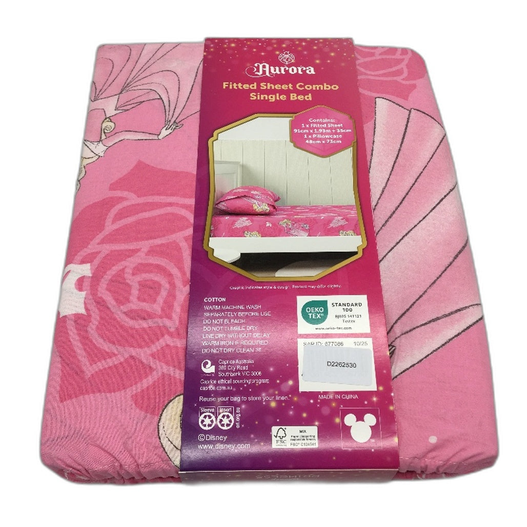 Disney Princess 100% Cotton Bright Pink Fitted Sheet Combo SINGLE Bed NEW