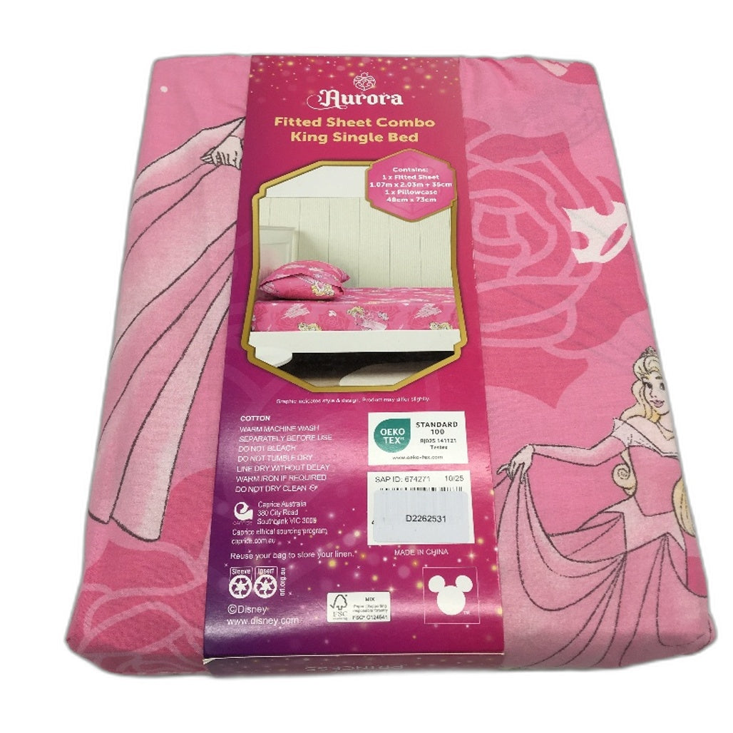 Disney Princess 100% Cotton Bright Pink Fitted Sheet Combo KING SINGLE Bed NEW