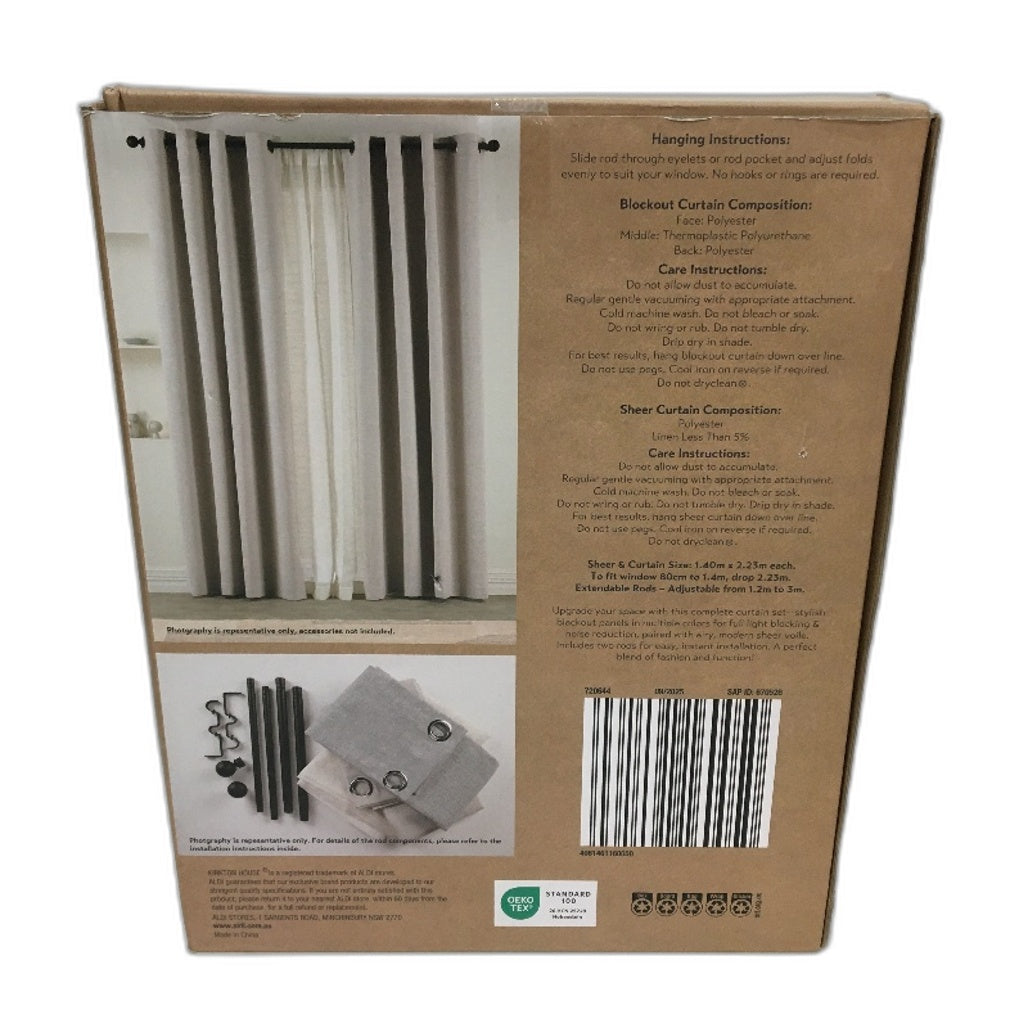 Kirkton House Blockout & Sheer Curtain Set W/ Extendable Rods 1.4x2.23m NEW