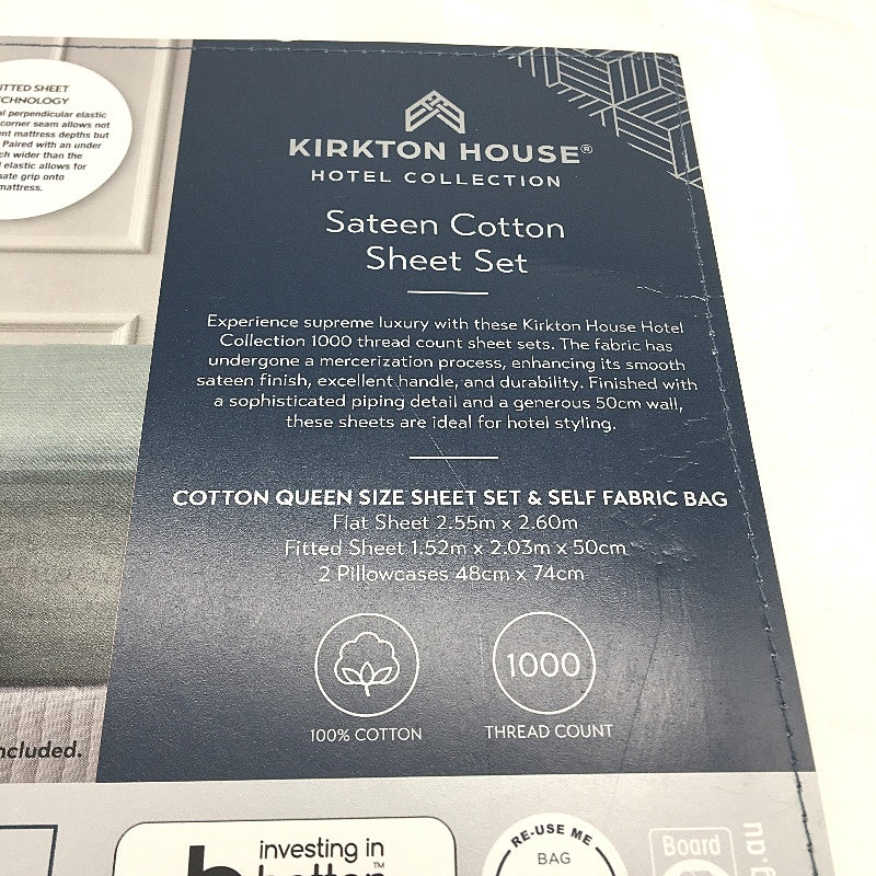 Kirkton House 1000TC White Sateen Cotton Fitted Sheet Set QUEEN Size NEW