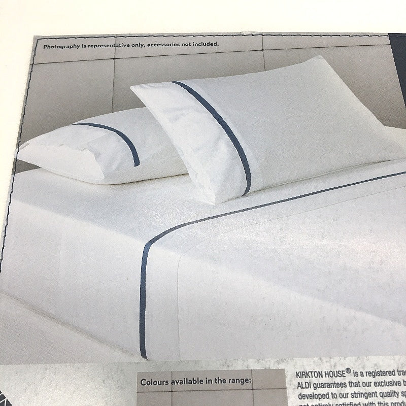 Kirkton House Bright White Blue Rim 100% Cotton 410TC Sheet Set QUEEN Bed NEW