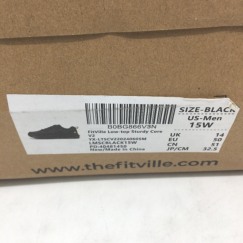 Fitville Black Low Top Sturdy Core Leather Look Sneakers Mens US 15 WIDE NEW