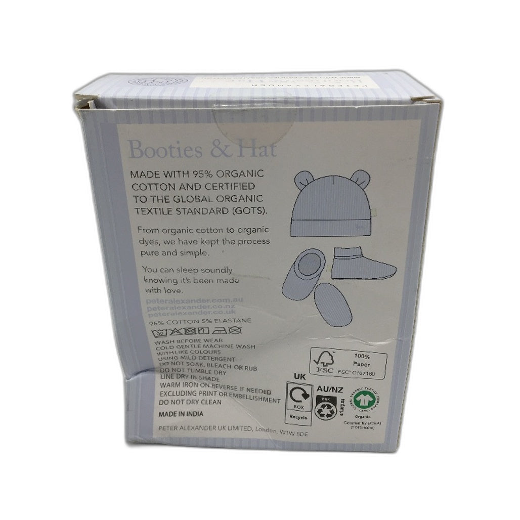 Peter Alexander Organic Blue Beanie and Booties Set Babies Size 0-3 Months NEW