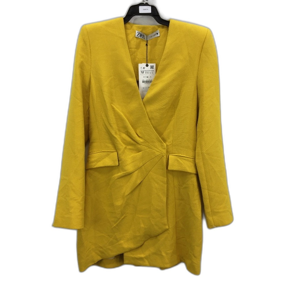 Zara Yellow Stretch Knit Textured Snap Button Jacket Dress Ladies Size M NEW