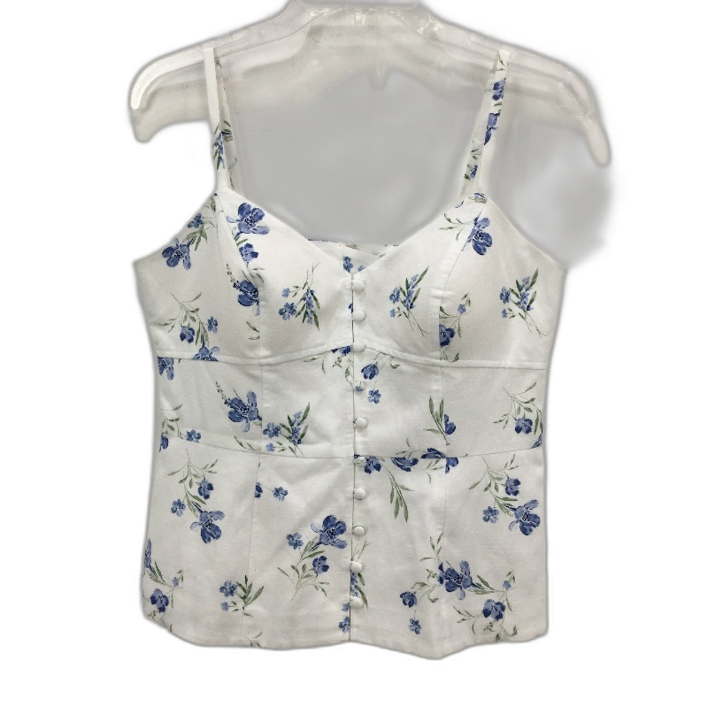 Forever New White & Blue Floral Linen Feel Summer Top Ladies Size 10 NEW