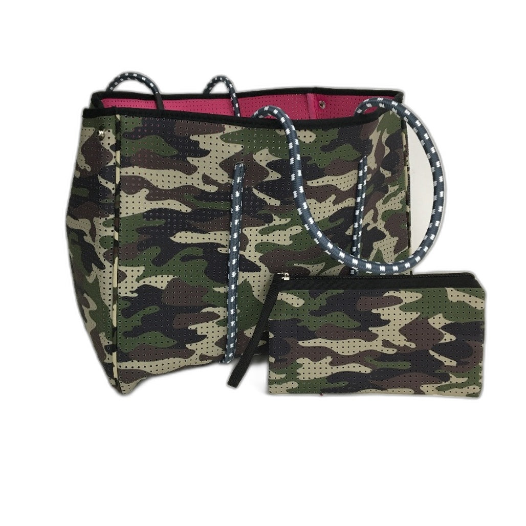 Parfait Ce Cabas Neoprene Camo Beach Tote Bag & Matching Make Up Purse NEW