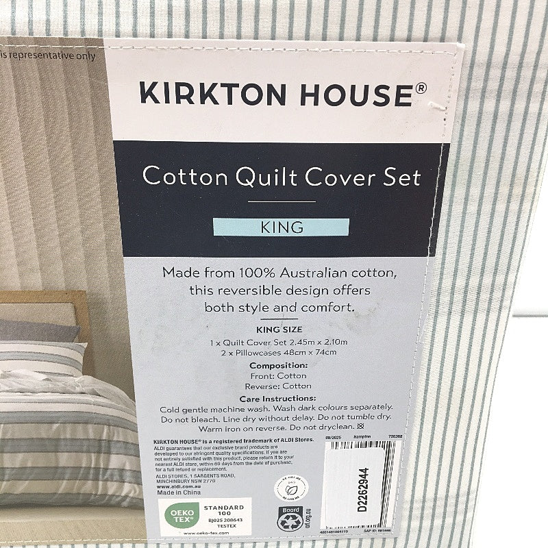Kirkton House Hampton Blue Stripe Cotton Quilt Cover Set KING Size NEW