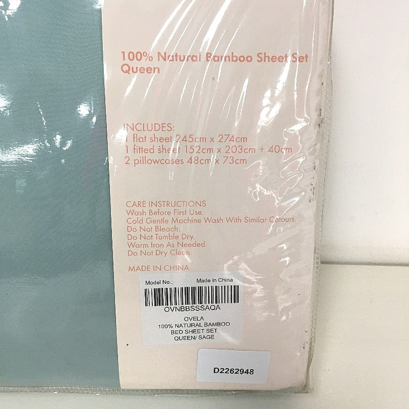 Ovela Aqua Sage 100% Natural Bamboo Silky Feel Fitted Sheet Set QUEEN Size NEW