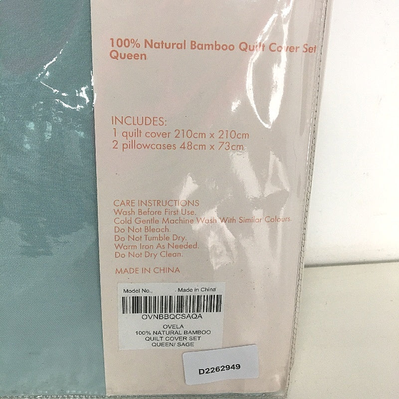 Ovela Aqua Sage 100% Natural Bamboo Silky FeelQuilt Cover Set QUEEN Size NEW