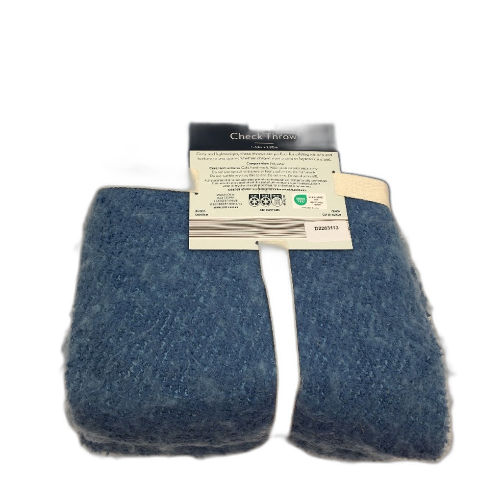 Kirkton House Soft Fleece Lightweight Fringed Solid Blue Check Throw Blanket NEW