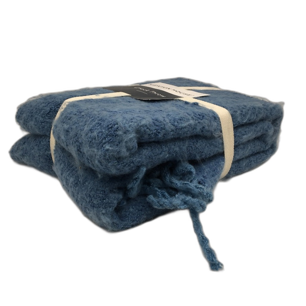 Kirkton House Soft Fleece Lightweight Fringed Solid Blue Check Throw Blanket NEW
