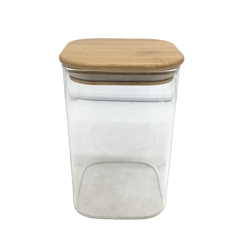 ComSaf Airtight Square Glass Food Storage Jars Set of 4 Bamboo Lids NEW