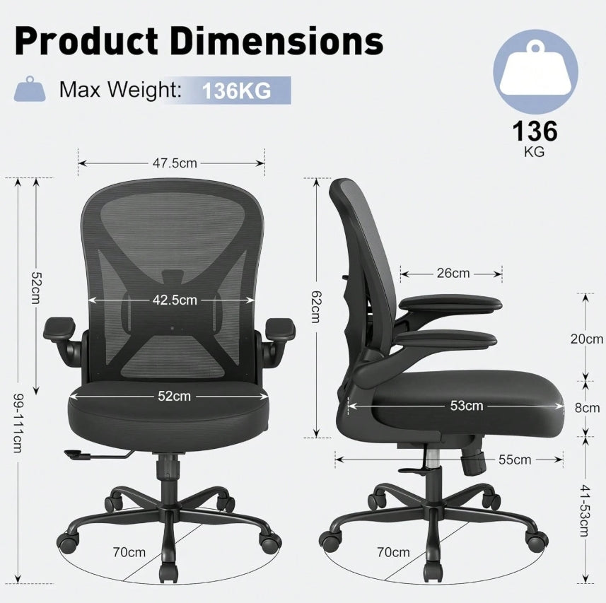 ZZH Mesh Ergonomic Office Chair Adjustable Lumbar Support Flip Up Arms Black NEW