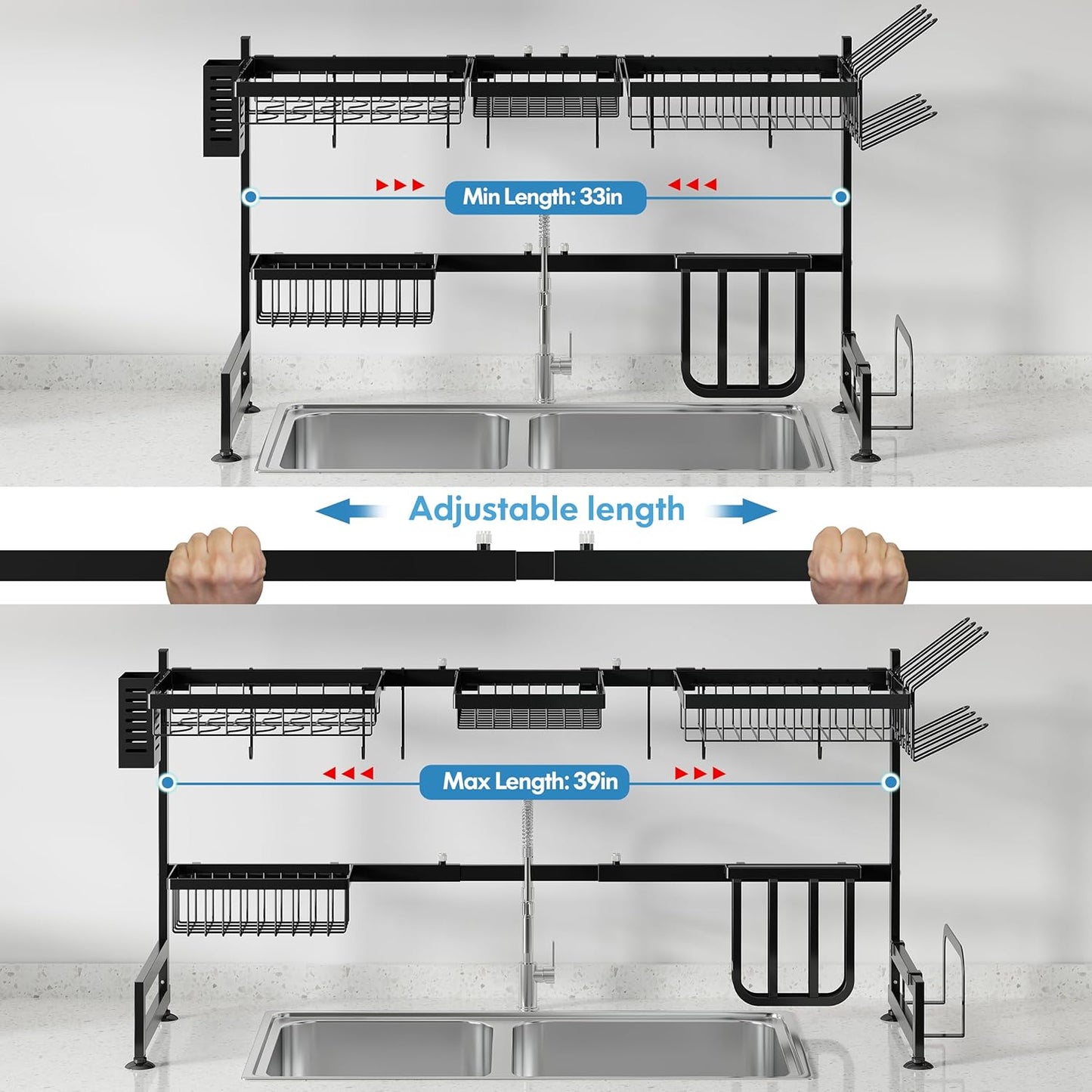 PUSDON 2 Tier 26-38 Inch Stainless Steel Over Sink Dish Drying Rack in Black NEW