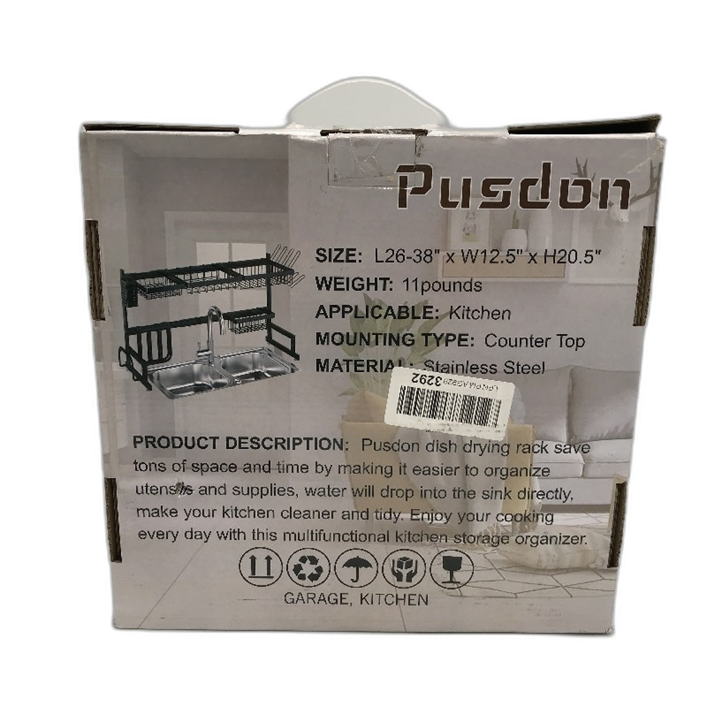 PUSDON 2 Tier 26-38 Inch Stainless Steel Over Sink Dish Drying Rack in Black NEW