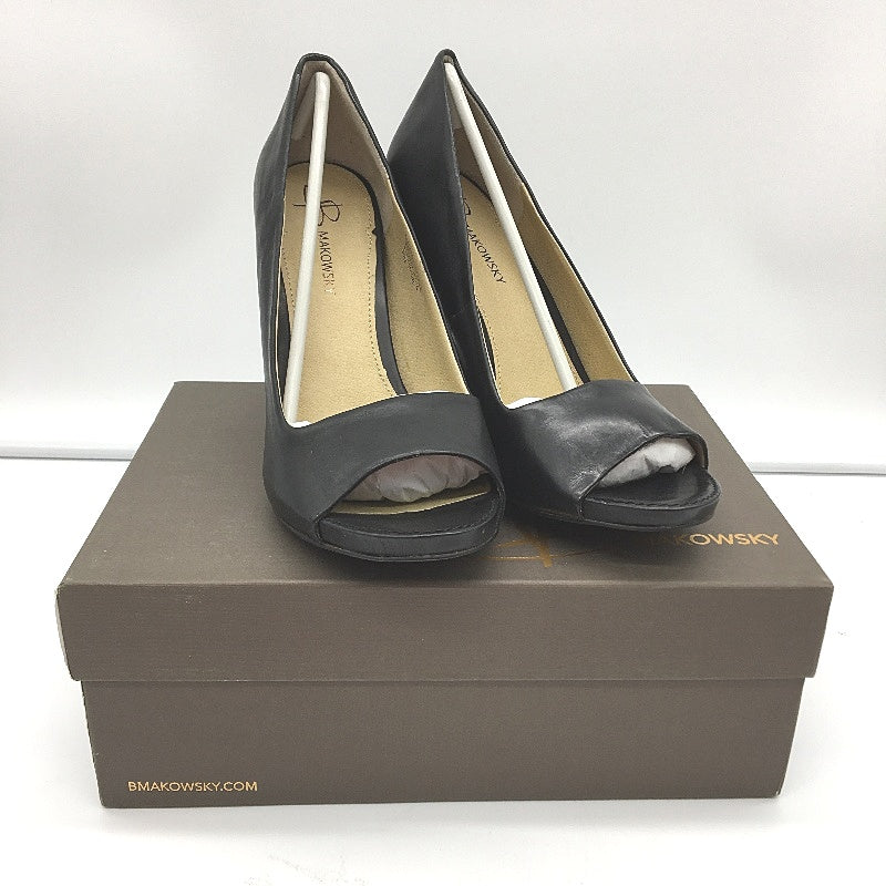 B.Makowsky Black Leather Open Toed Heels Ladies Small Fit Size 8.5M NEW