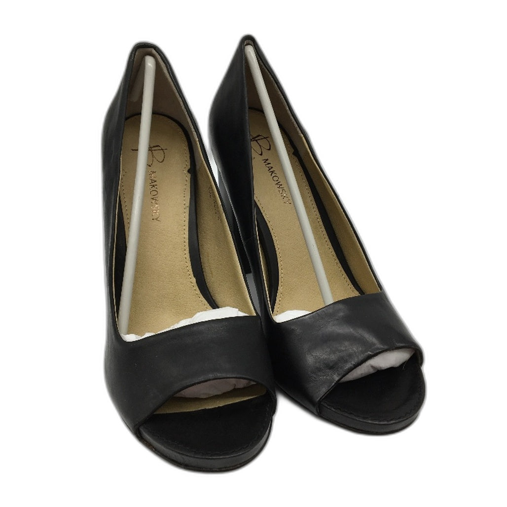 B.Makowsky Black Leather Open Toed Heels Ladies Small Fit Size 7 NEW