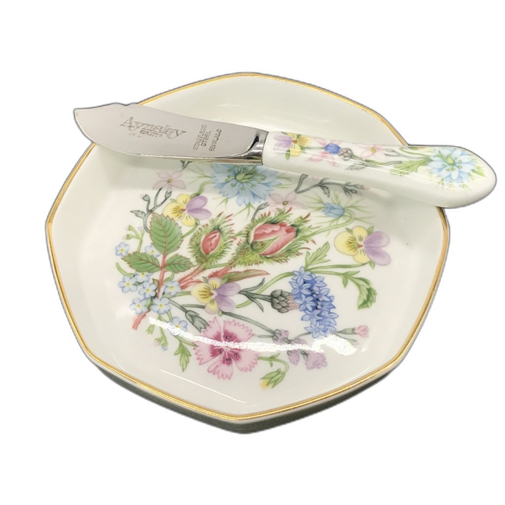 Bone China Aynsley English Wild Tudor Cutler Butter Dish Kinife&Plate