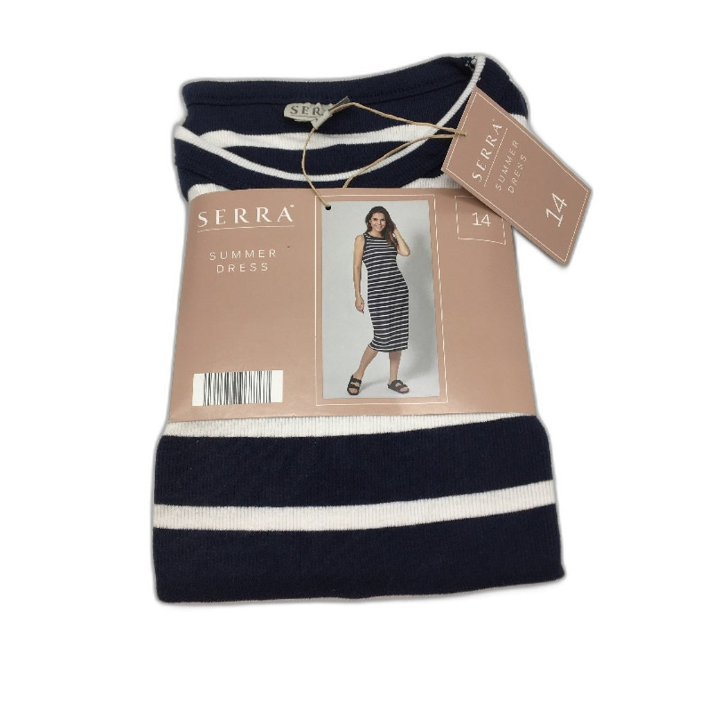 knee length dresses for ladies Serra Navy Blue & White Striped Midi Summer Dress Ladies Size 14 NEW–  Vinnies Online