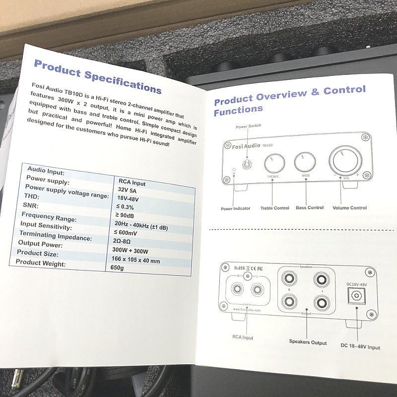 Fosi Audio Hi-Fi Stereo 2 Channel Amplifier 300W Bass & Treble Control NEW