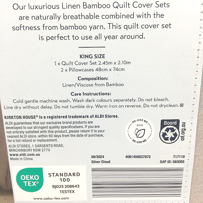 Kirkton House Linen Bamboo Quilt Cover Set Silver Cloud Light Grey KING NEW