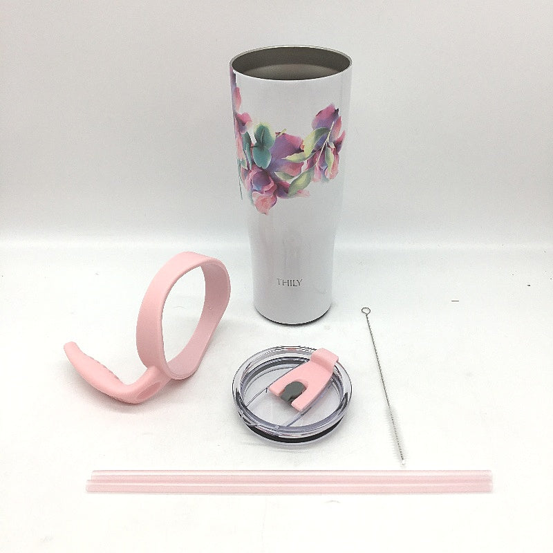 Thily 1180ml Stainless Steel Pink Lillies Handle/Straw Travel Mug NEW