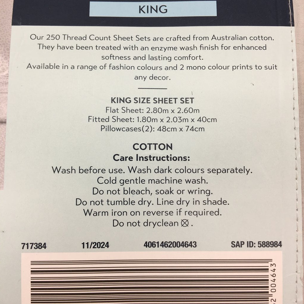 Kirkton House Light Grey Percale 250 Thread Count Sheet Set KING NEW