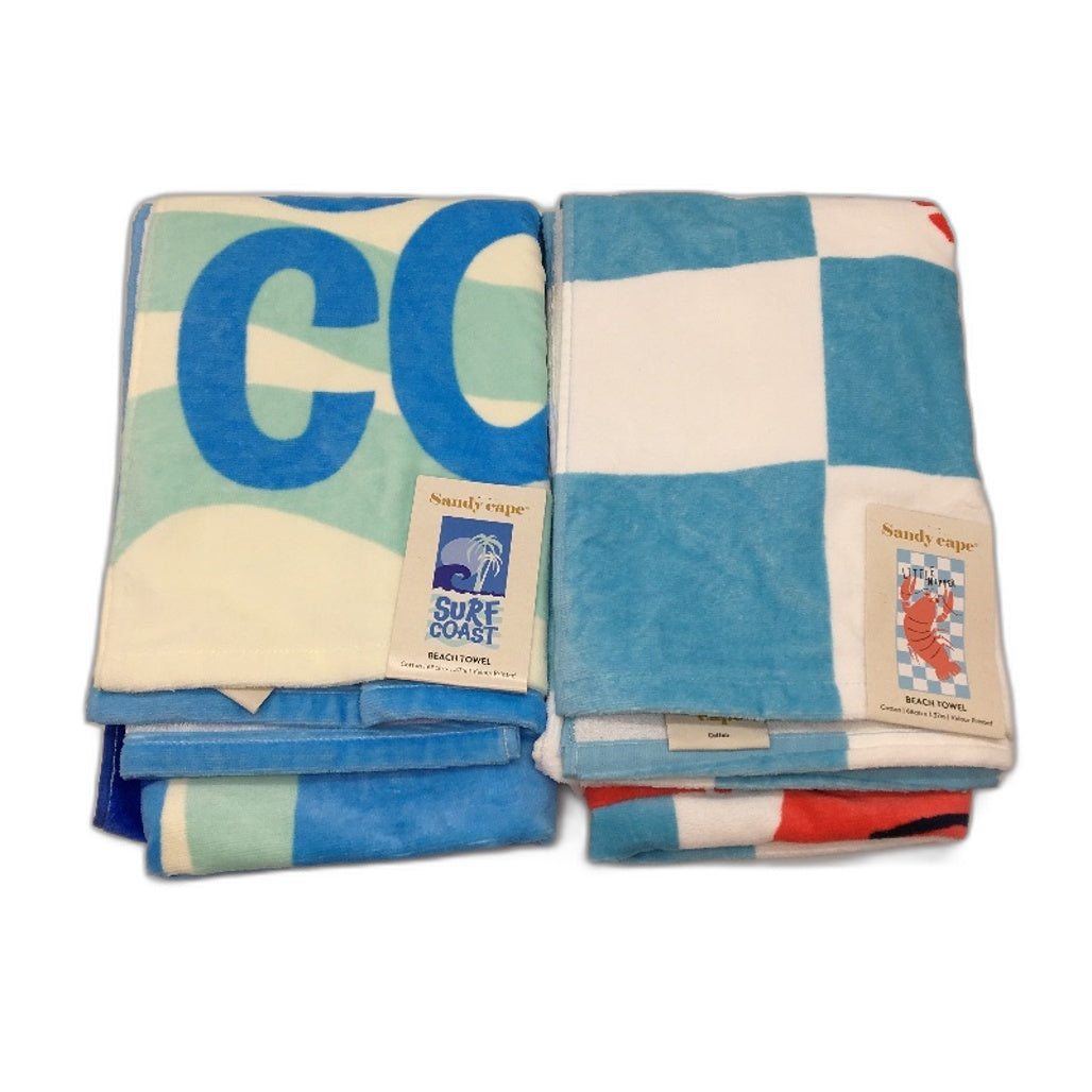 Sandy Cape 2 Pack Cotton Velour Printed Beach Towels Lobster & Surf NEW