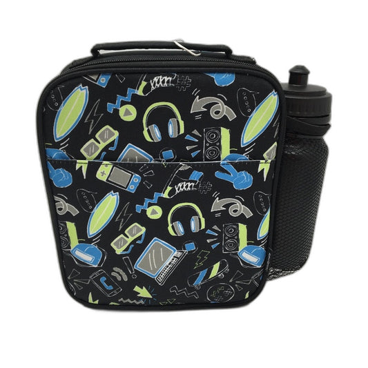 2 Piece Studymate Black Patterned Insulated Lunch Bag & Drink Bottle NEW
