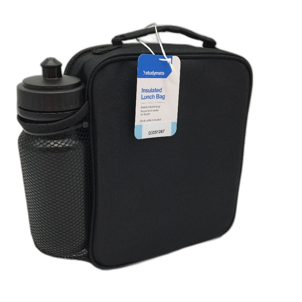 2 Piece Studymate Black Patterned Insulated Lunch Bag & Drink Bottle NEW