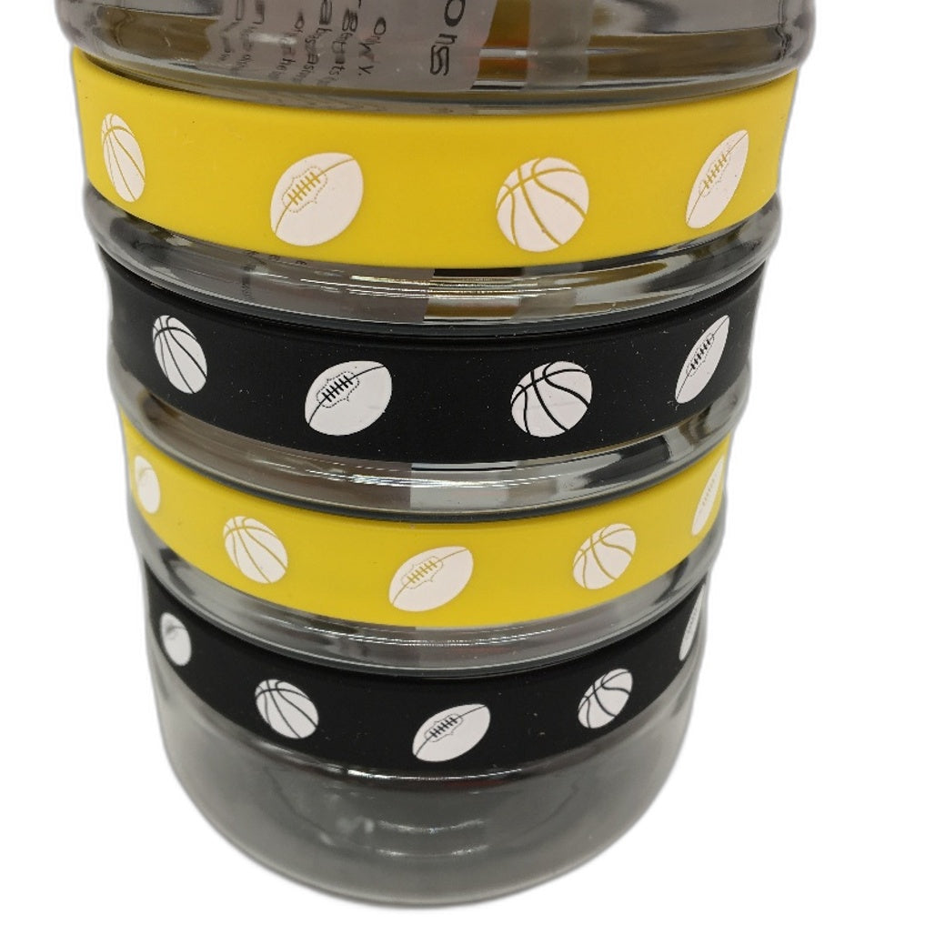 Studymate Clear Sport Theme Drink Bottle Black Lid Removable Silicone Bands NEW