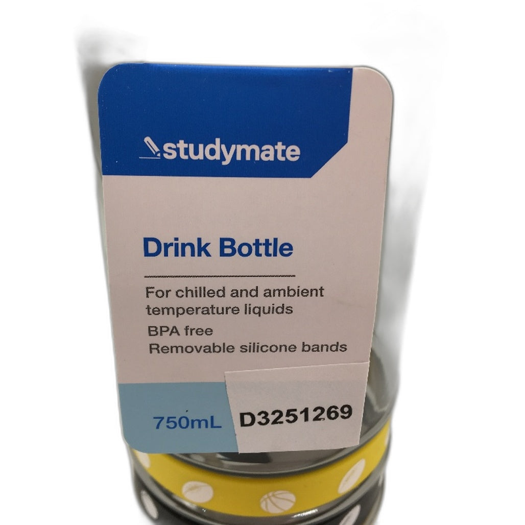 Studymate Clear Sport Theme Drink Bottle Black Lid Removable Silicone Bands NEW