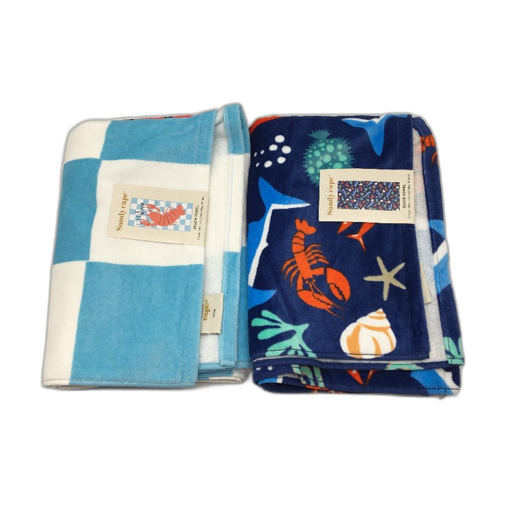 Sandy Cape 2pc 68cmx137cm Blue Velour Printed Sea Life Cotton Beach Towel NEW