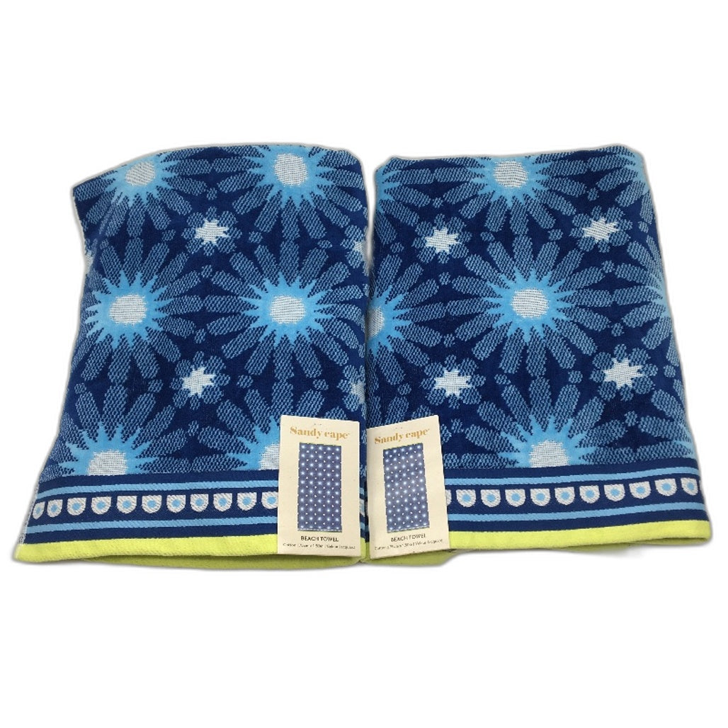 Sandy Cape 2pc Blue Neon Yellow Velour Jacquard Pattern Cotton Beach Towels NEW