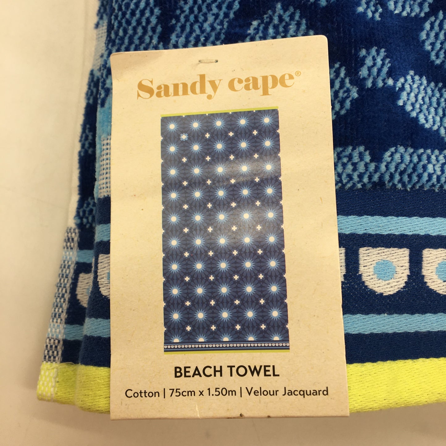 Sandy Cape 2pc Blue Neon Yellow Velour Jacquard Pattern Cotton Beach Towels NEW